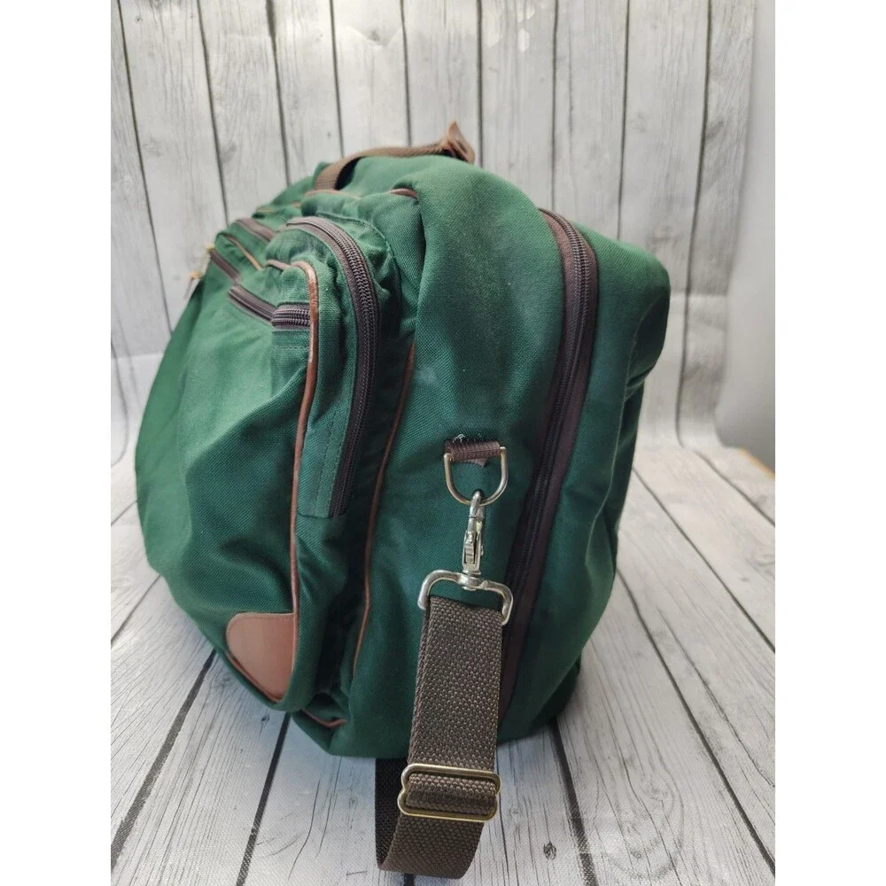 Vtg L.L. Bean Forest Green Canvas Duffle Bag Leather Trim Brass Hardware Travel
